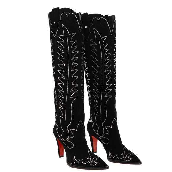 Christian Louboutin Boots Santia Botta Strass 85 Black Suede Size 39.5 US New - Picture 5 of 9